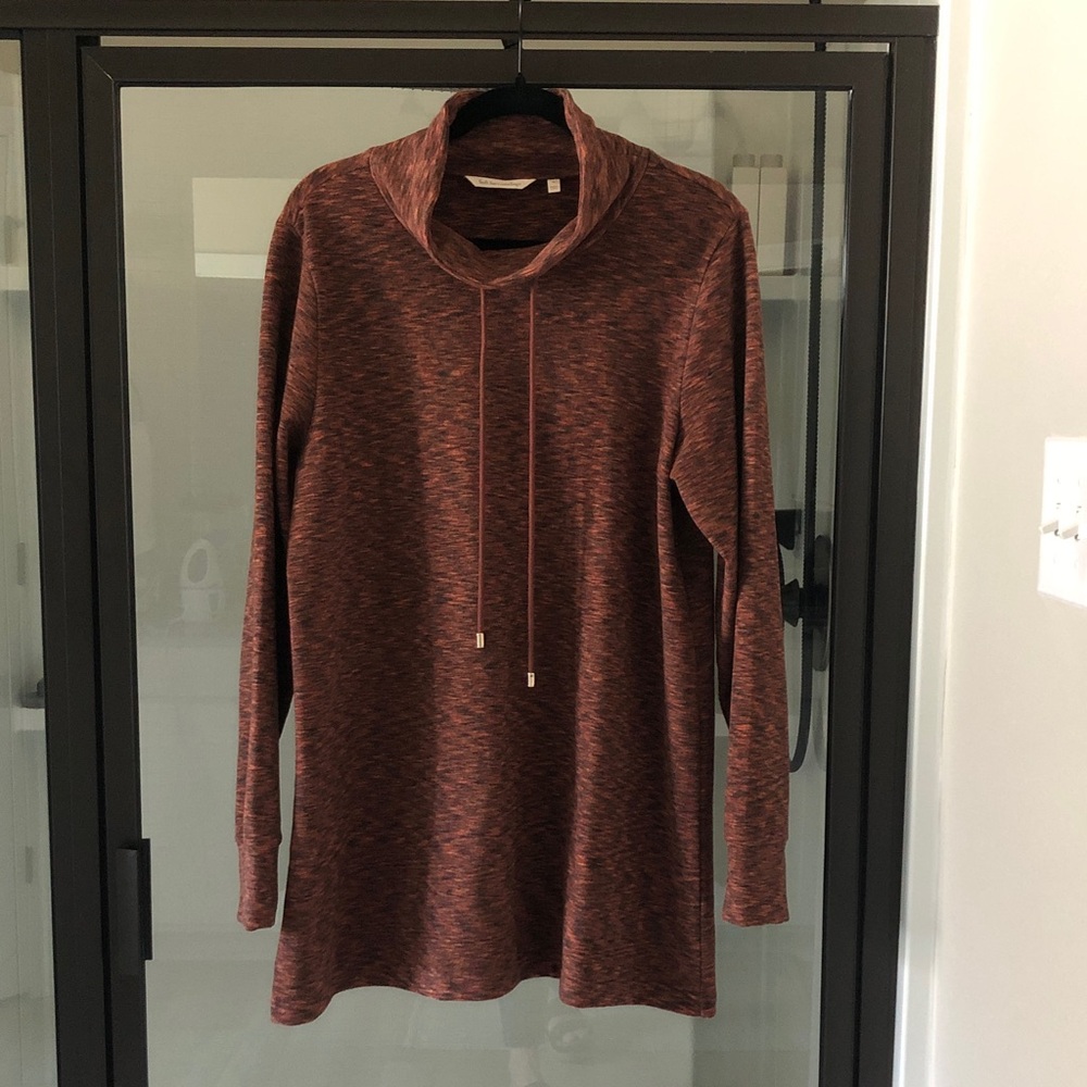 Soft Surroundings Rust brown Cowl-Neck Tunic Sweatshirt drawstrings Thumbholes L